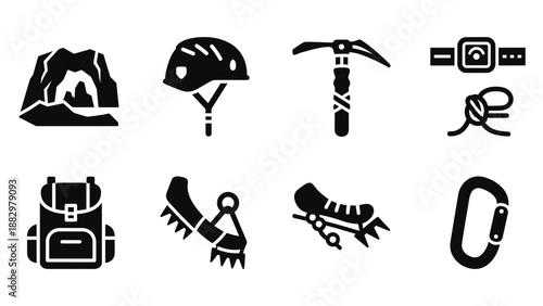 Essential equipment for outdoor adventures: climbing, hiking, and safety gear icons