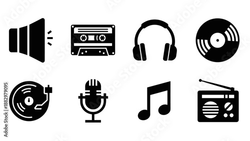Retro music icons set with audio devices and instruments in black silhouette style