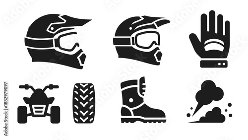 Motocross gear silhouettes: helmets, gloves, boots, and atvs