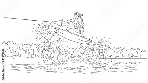 Dynamic wakeboarder illustration in line art style capturing thrilling water adventures