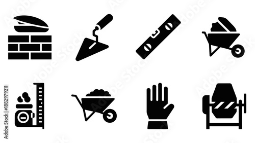 Essential construction tools set: bricklaying and masonry icons