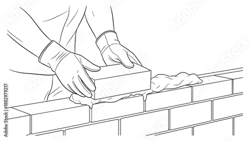 Bricklaying process: hands in gloves laying bricks with mortar in linear style