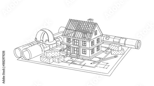 Architectural blueprint with house model and construction tools in linear style