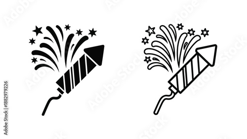two fireworks icons with star bursts and striped rockets in black and white