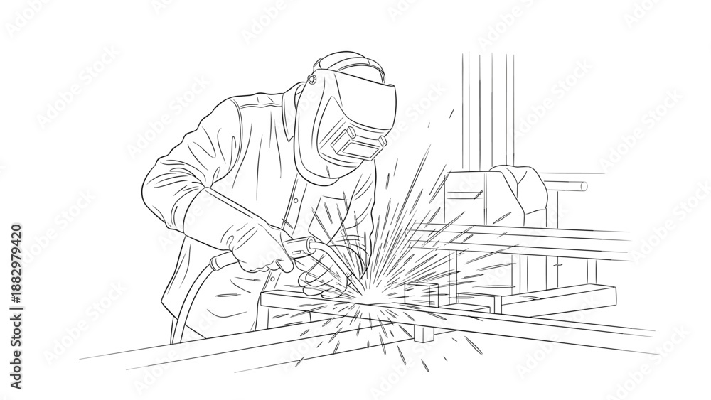 Obraz premium Blacksmith in protective gear welding metal with sparks in linear style
