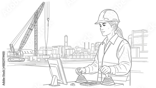 Construction site operator in control room with heavy machinery in urban setting