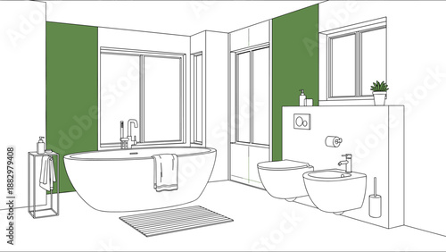 Modern minimalist bathroom design with green accents