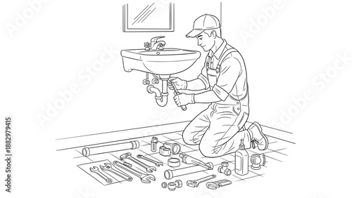 Plumber fixing sink with tools in linear style illustration for home improvement and repair
