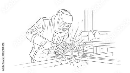 Blacksmith in protective gear welding metal with sparks in linear style