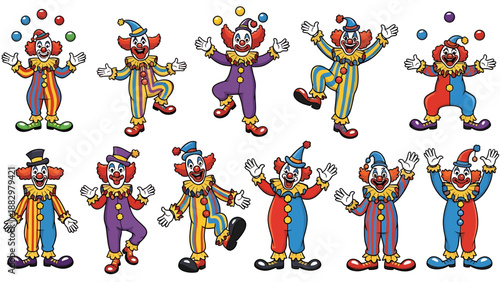 A diverse collection of cheerful cartoon clowns, each vibrantly colored and posing playfully, embodying fun, joy, and the spirit of entertainment and celebration