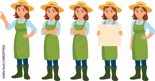 Five cartoon women farmers in green overalls and yellow hats in various poses with one holding a blank sign