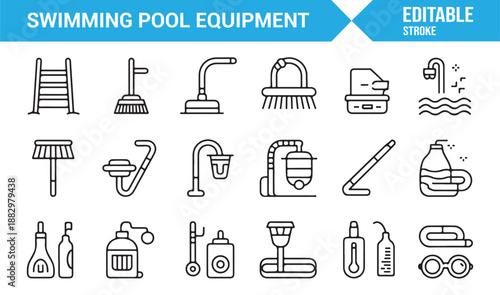 Swimming pool equipment outline icons editable vector collection