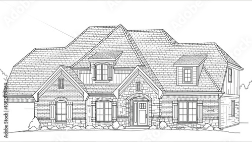 Elegant linear drawing of a classic brick house with detailed architectural features