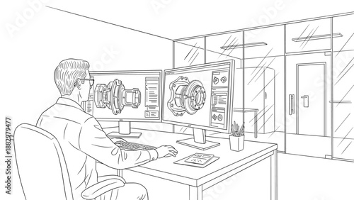 Engineer working on cad design in modern office with dual monitors