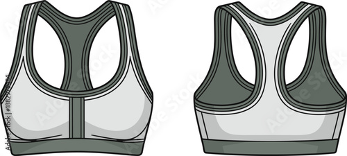 Front and back view of a grey and white sports bra with racerback design on a white background athletic wear