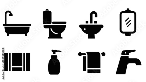 Bathroom essentials icons: minimalist black collection of bath fixtures and accessories