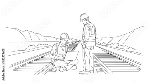 Engineers inspecting railway tracks with laptops in black and white linear style
