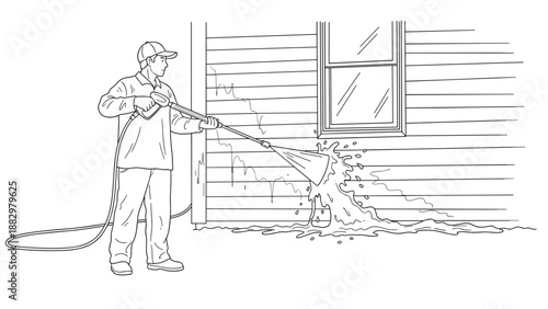 Man power washing a house exterior: black and white line art