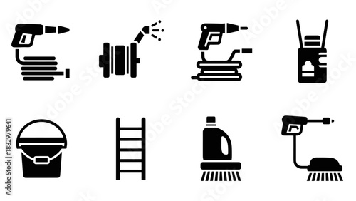 Black and white cleaning and repair tools icons set for home and diy projects