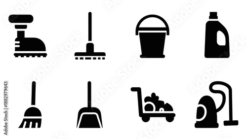 Silhouette cleaning tools collection: icon set of household appliances and supplies
