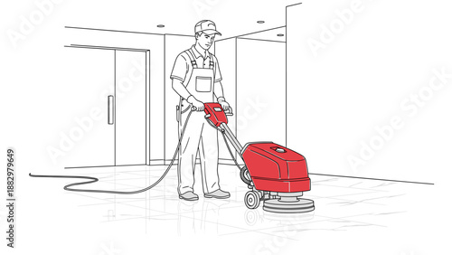 Cleaner operating floor cleaning machine in modern building outline art