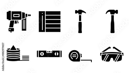 Silhouette icons of essential construction tools for home improvement