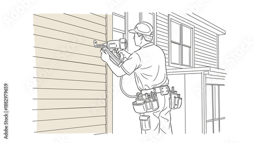 Construction worker installing siding on house with nail gun in linear style
