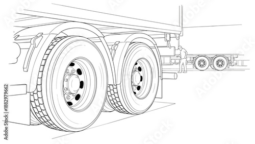 Detailed sketch of truck tires and trailer with driver in industrial setting