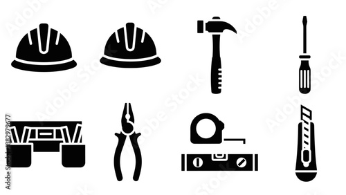 Collection of construction tools silhouette icons