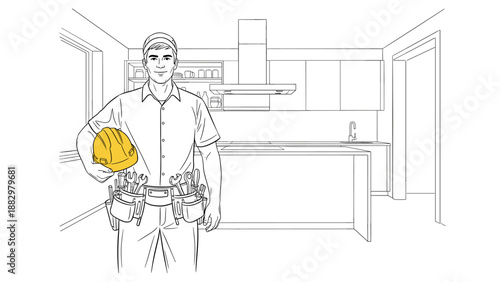 Handyman with tools in modern kitchen setting: linear design concept