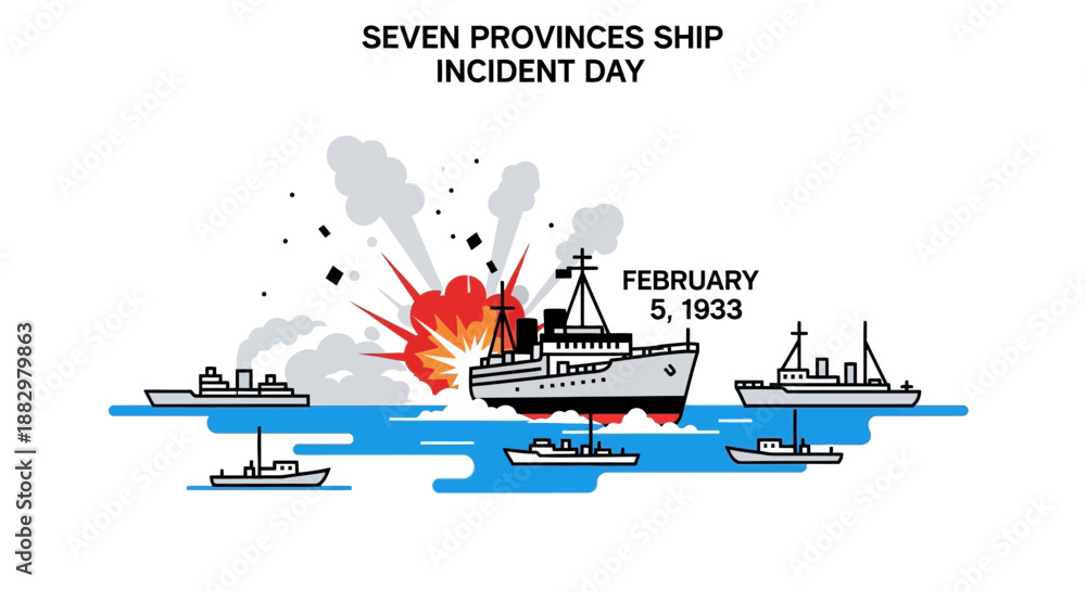 Naklejka premium Naval Battle Scene with Exploding Ship and Surrounding Vessels in the Open Sea