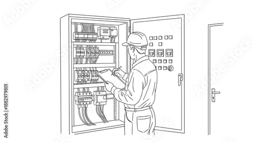 Electrician inspecting control panel in linear style for engineering and safety