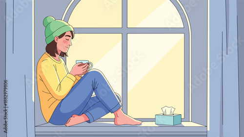 Young woman sitting by the window with a cup of tea, feeling cozy and relaxed on a sunny day