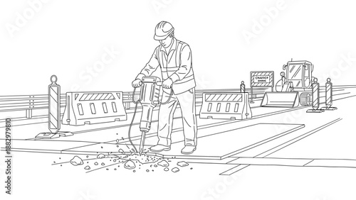 Construction worker using jackhammer at roadside with heavy machinery and safety barriers