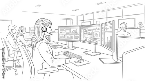 Linear call center office with employees working on computers and monitors