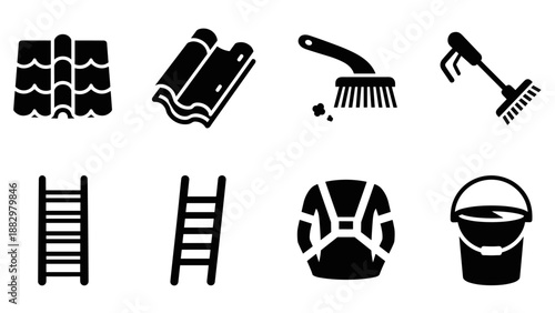 Silhouette icons of roofing tools and equipment for construction