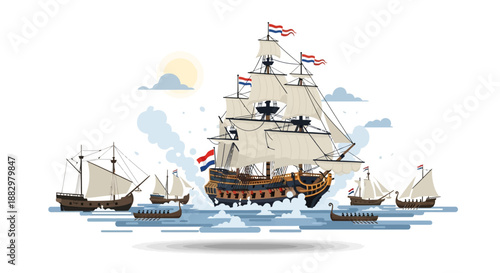 Vintage ships sailing in formation on calm waters with flags and sails