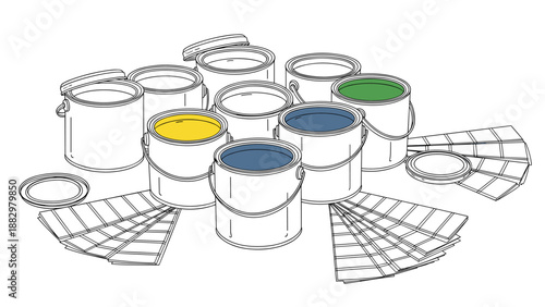Paint buckets and color swatches in linear style for artistic projects