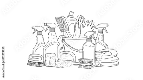 Outline cleaning supplies: brushes, sprays, and gloves for housekeeping