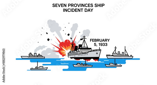 Naval Battle Scene with Exploding Ship and Surrounding Vessels in the Open Sea