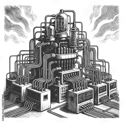 vintage mechanical device connected to numerous wires, switches, and control boxes in all directions sketch engraving generative ai vector illustration. Scratch board imitation. Black and white image.