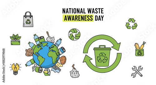 Global Waste Awareness Day illustration highlighting recycling and sustainability efforts worldwide