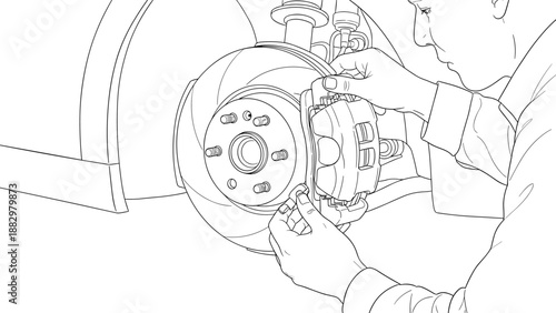 Mechanic inspecting car brake system with precision line art design