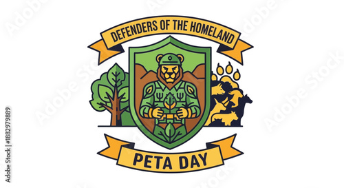 Vector illustration of a shield with a knight and banner reading 'Defenders of the Homeland PETA Day'