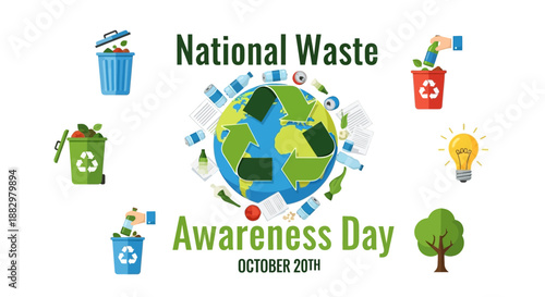 Global Waste Awareness Day illustration with earth and recycling symbols surrounding it on October 21st