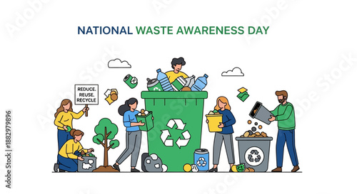 People engaging in waste management and recycling activities on National Waste Awareness Day, promoting sustainability and environmental conservation