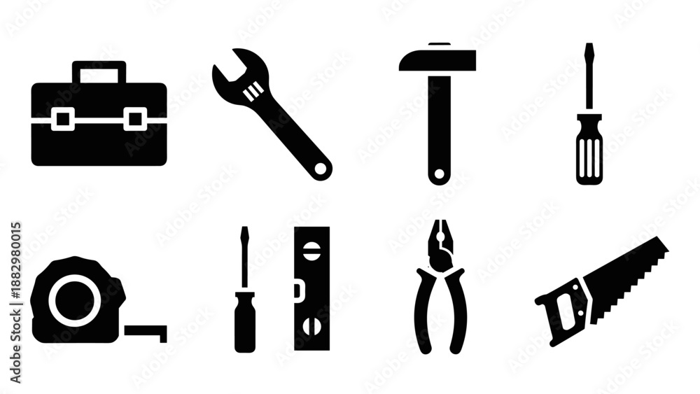 Fototapeta premium Silhouette tools collection: hammer, screwdriver, wrench, saw, toolbox