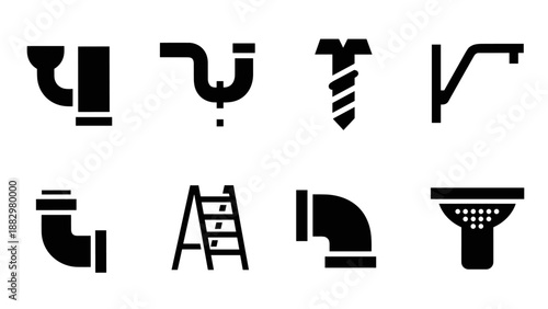 Bold plumbing icons set: pipes, drains, and fittings in minimalist style