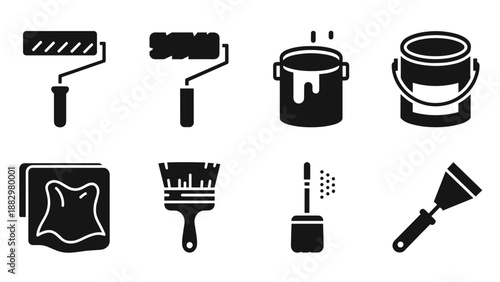 Set of painting tools icons: brush, roller, paint can, scraper, cloth in black silhouette design
