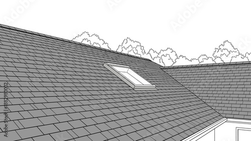 Architectural roof design with skylight and tree line